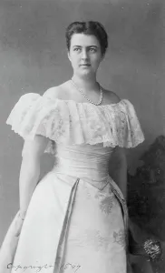 Mrs. Frances Folsom Cleveland, three-quarter-length portrait, standing, facing left, c1897. Creator: Frances Benjamin Johnston