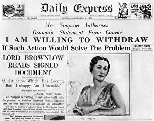 Mrs Simpson offers to withdraw, 8 December 1936