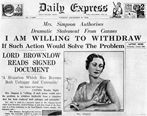 Headline Prints: Mrs Simpson offers to withdraw, 8 December 1936