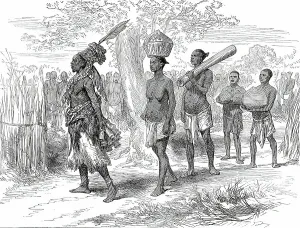 A Mrua Medicine Man and his Train, from a sketch by Lieutenant Cameron in Central Africa, 1876. Creator: Unknown
