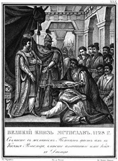 Mstislav I appointed Rogvolod to Prince of Polotsk. 1128 (From Illustrated Karamzin), 1836