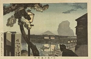 Streetlighting Collection: Mt. Fuji at Dusk from Edo Bridge, 1879. Creator: Kobayashi Kiyochika
