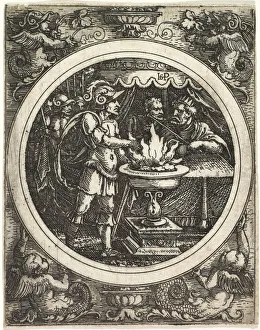 Mucius Scaevola Holding His Hand in the Fire, c. 1520. Creator: Hans Sebald Beham (German
