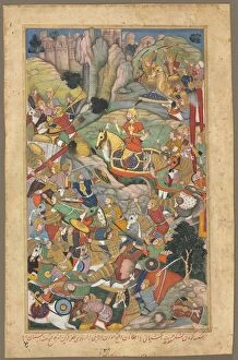 Mughal School Gallery: Mughal ruler Humayun defeating the Afghans before reconquering India, folio from an Akbar-nama
