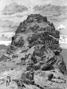 Outcrop Prints: A Mule Battery in Action at Handoub during the recent Suakim Campaign