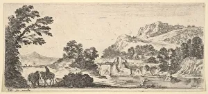 A mule carrying a woman and a peasant walking with a mule to left, a fisherman to righ A mule carrying a woman and a peasant walking with a mule to left, a fisherman to righ