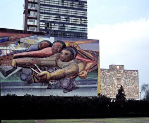 Mexico Prints: Mural of David Alfaro Siqueiros on the facade of the building of the rectory