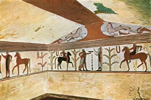 6th Century Bc Prints: Mural painting in the Tomb of the Baron (Tomba del Barone) at Tarquinia, Italy, (1928)