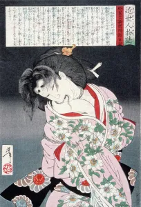 Clematis Prints: Muraoka of the Konoe Clan Bound with Rope, 1887. Creator: Tsukioka Yoshitoshi