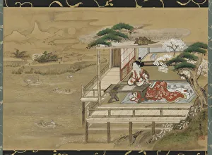 Desk Prints: Murasaki Shikibu composing the Tale of Genji at Ishiyamadera, Edo period, 19th century