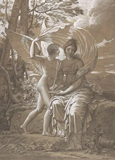 Inspiration Prints: The Muse Erato Writing Verses Inspired by Love, ca. 1797. Creator: Charles Meynier