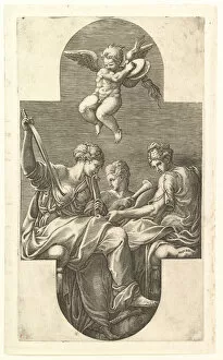 Primaticcio Francesco Collection: Three Muses and a Putto with Cymbals, a cruciform composition, from a series of eight com