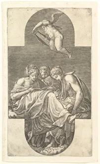Francesco Primaticcio Collection: Three Muses and a Putto with a Lyre, a cruciform composition, from a series of eight comp