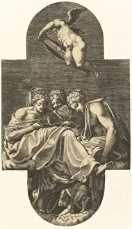 Francesco Primaticcio Collection: Three Muses and a putto above with a lyre, from a series of eight compositions after Fran