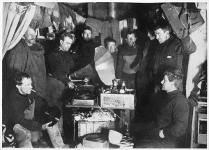 Failed Prints: Music in the Hut, Scotts South Pole expedition, 1911. Artist: Herbert Ponting