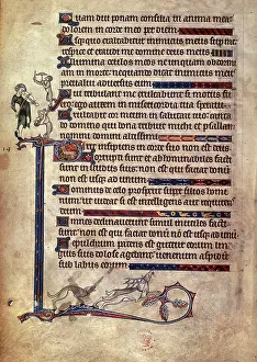 Musician and monkeys; dog chasing a stag, 1284-c1316. Creator: Unknown