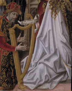 Diocesan Museum Gallery: Detail of a musician playing the harp, from the painting Coronation of the Virgin