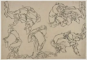 Five musicians playing drums, late 18th-early 19th century. Creator: Hokusai