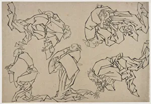 Five musicians playing drums, late 18th-early 19th century. Creator: Hokusai