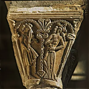 Musicians playing the rebec, figures in a capital of the cloister of the Monastery