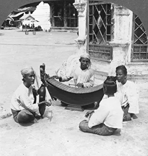 Rangoon Prints: Musicians, Shwedagon Pagoda, Rangoon, Burma, 1908. Artist: Stereo Travel Co