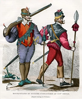 Musketeer and infantry officer, 16th century (1882-1884).Artist: Pontenier