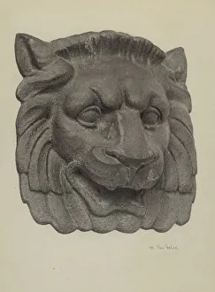 Garden Feature Prints: Muzzle of a Lion (one of pair), c. 1940. Creator: Maurice Van Felix