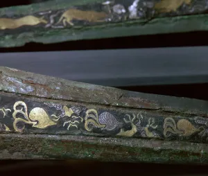 Detail of Mycenaean bronze dagger found in a tholos tomb, 16th century Detail of Mycenaean bronze dagger found in a tholos tomb, 16th century