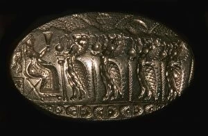 Rite Gallery: Mycenaean gold signet ring picturing a fertility rite, 13th century BC