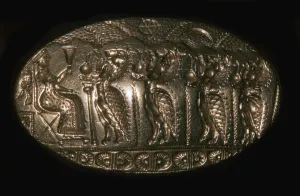 Mycenaean gold signet ring picturing a fertility rite, 13th century BC Mycenaean gold signet ring picturing a fertility rite, 13th century BC
