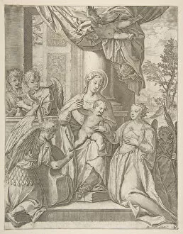 Agostino Carracci Collection: The mystic marriage of Saint Catherine who sits at center with the Christ child