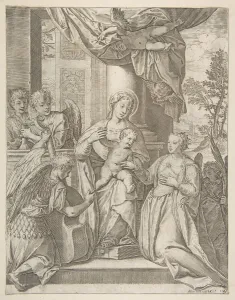 Agostino Prints: The mystic marriage of Saint Catherine who sits at center with the Christ child
