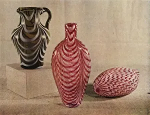 Striped Prints: Nailsea jug and flasks, late 18th-first half of the 19th century, (1946). Creator: Unknown