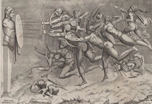 Images Dated 28th September 2020: Naked archers shooting at a target attached to a herm, Cupid sleeping below, possib