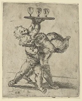 Reni Guido Prints: Two naked boys carrying a third who supports a tray with three goblets