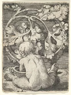 Barthel Beham Gallery: Naked Child Seen from Back Seated in Front of a Vessel, mid-17th century
