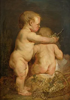 Fruit Basket Prints: Two Naked Children with Grapes