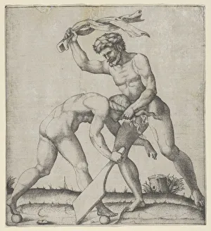 Whipping Prints: A naked man holding Fortune by the hair and whipping her