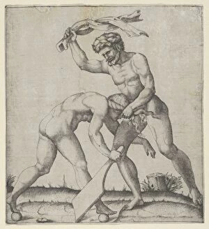 A naked man holding Fortune by the hair and whipping her, ca. 1510-27. Creator: Marcantonio Raimondi