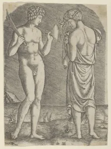 Raimondi Marcantonio Prints: A naked man at left showing an axe to a woman at right