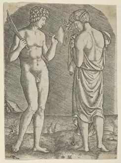 Cutting Gallery: A naked man at left showing an axe to a woman at right, ca. 1510-27. Creator: Marcantonio Raimondi