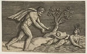 Marco Dente Da Ravenna Gallery: A naked man pursing a naiad and a cupid into the water, ca. 1515-27. Creator: Marco Dente