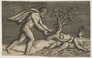 Dente Marco Prints: A naked man pursing a naiad and a cupid into the water, ca. 1515-27. Creator: Marco Dente