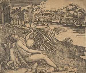 Riverside Gallery: Naked woman (Leda) and swan (Zeus) embrace on a river bank; two figures jump