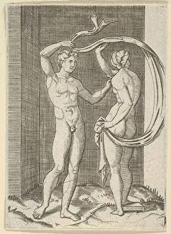 Naked woman viewed from behind holding fabric which billows behind her, looking a... ca. 1500-1600. Creator: Anon