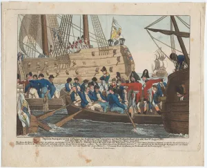 Napoleon Bonaparte as prisoner of the English is brought from the Bellerophon to