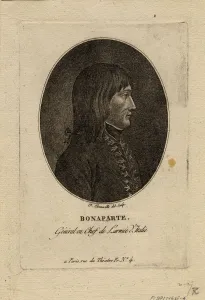 First Coalition Prints: Napoleon as commander of the Army of Italy, c. 1798. Artist: Bonneville, Francois