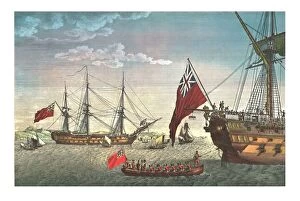 Chromolithograph Collection: Napoleon goes aboard the Northumberland for his journey to St Helena, 8 August 1815, (c1850)