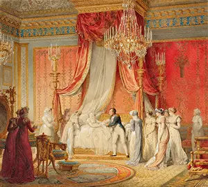 Napoleon I Presenting the Newborn King of Rome to Empress Marie Louise in Her Bedroom in the...1811 Creator: Isabey, Jean-Baptiste (1767-1855)