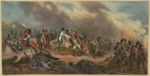 Cavalry Prints: Napoleon with his Riding a horse across a battlefield, 1829. Creator: Unknown